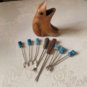 Vintage Oliv-Art Spain hand carved wood frog cocktail party sticks appetizer set